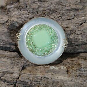 Opaline Glass Brooch Green Center Gold Tone Filigree Round Design Vintage